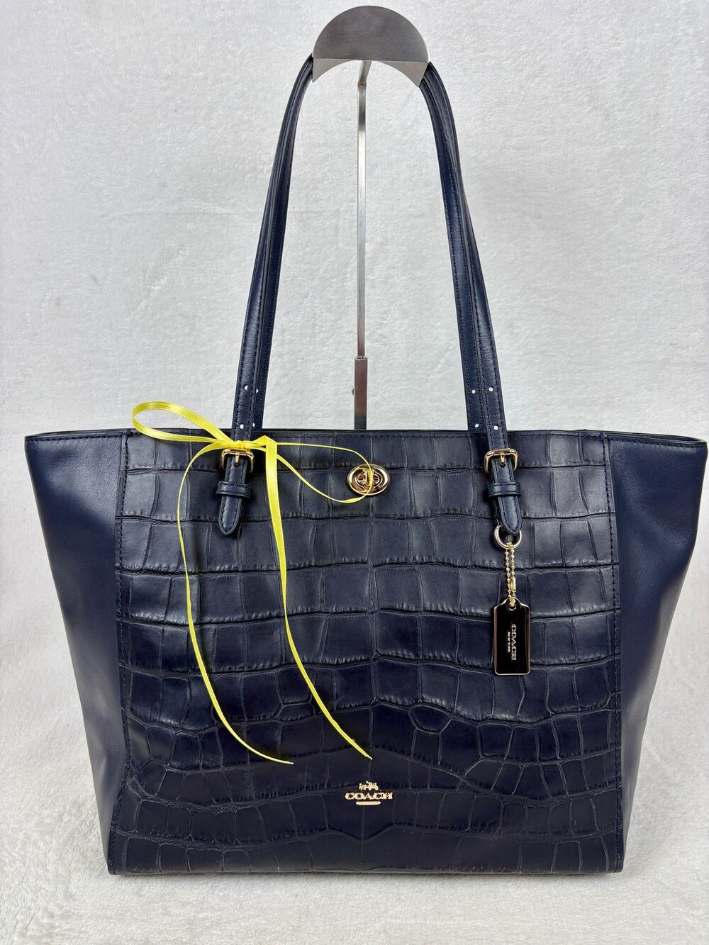 Coach Turnlock Tote in Navy Crocodile Embossed Leather